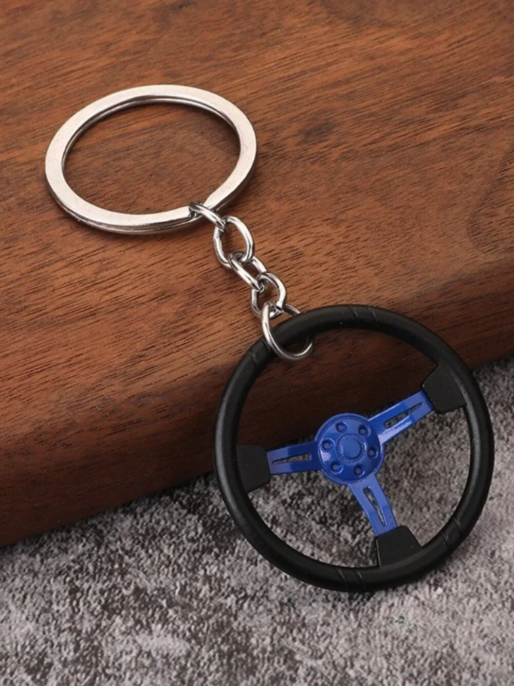 Blue 3 Spoke Racing Steering Wheel Keychain Drift Car Key Ring Enthusiast Gift